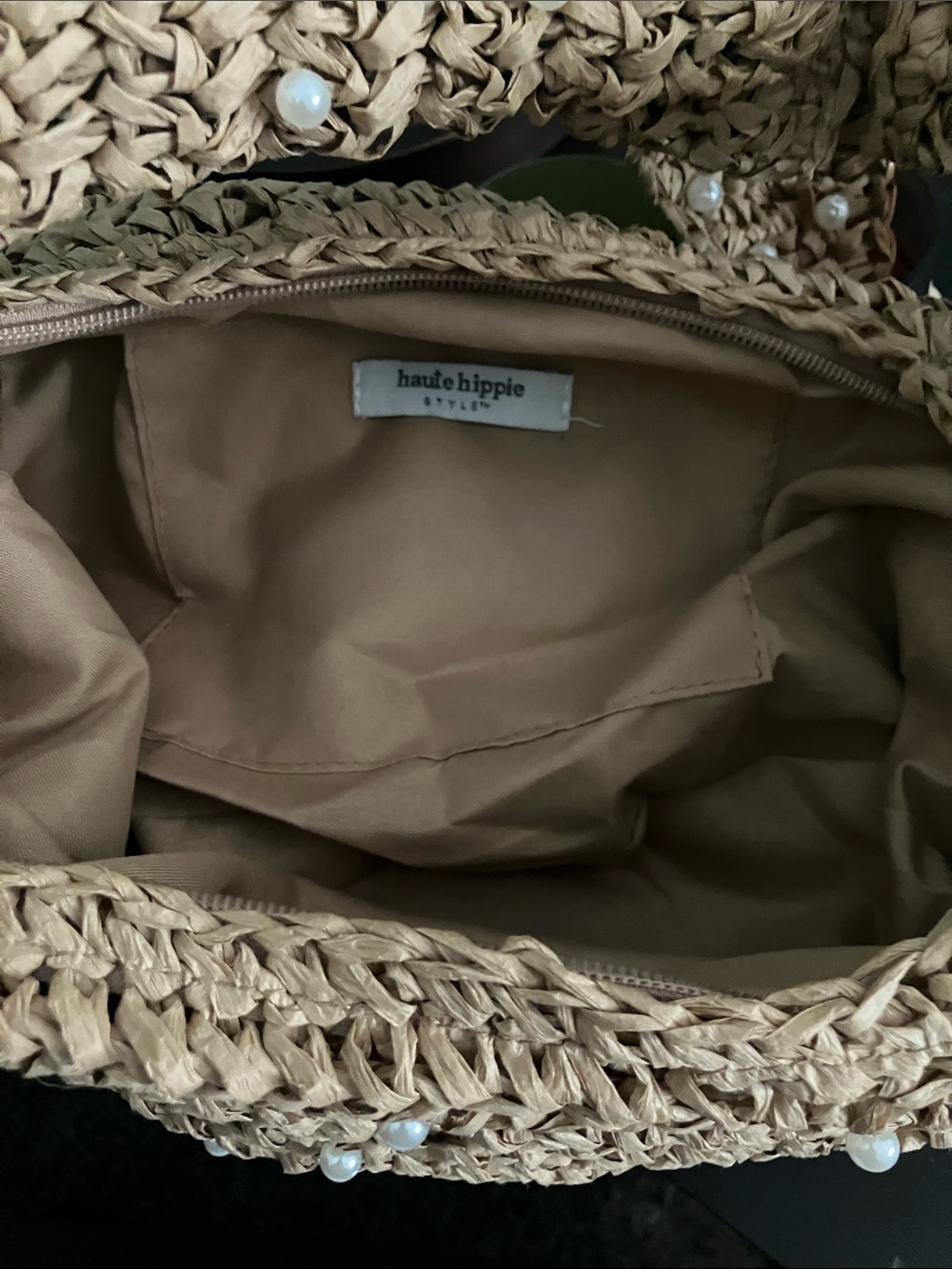 Haute Hippie Woven Straw Hobo Bag with Embellished Pearls - Tan - Picture 6 of 6
